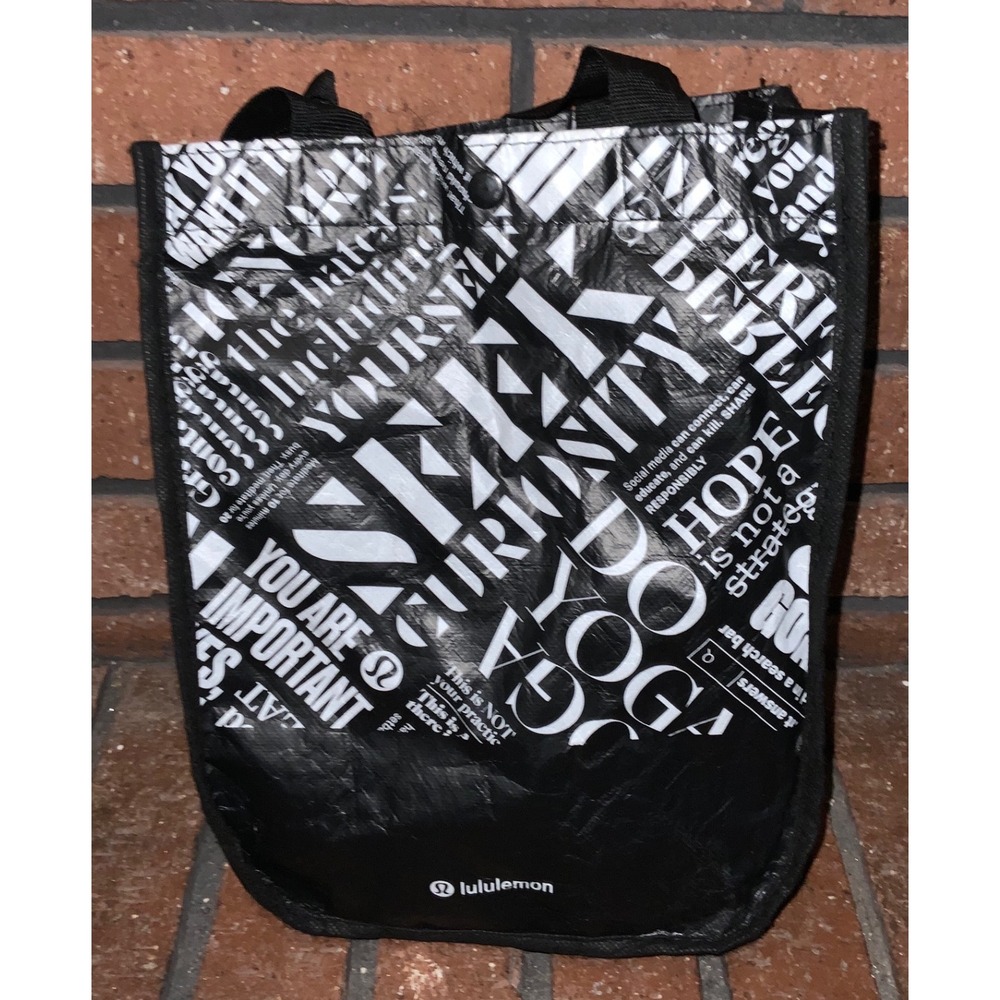 Lululemon Reusable Tote Bag Small Black White Graphic Typography Namaste Yoga